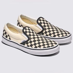 Vans Kids Checkerboard Classic Slip-On in Black/Natural  - 7y